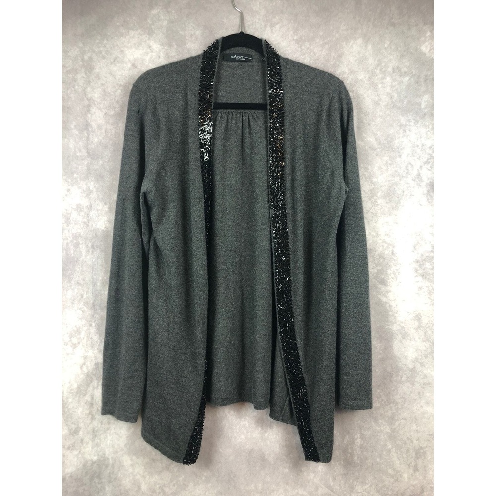 CASHMERE SAKS FIFTH AVENUE BEADED CARDIGAN SWEATER‎  OPEN FRONT BLACK SIZE LARGE